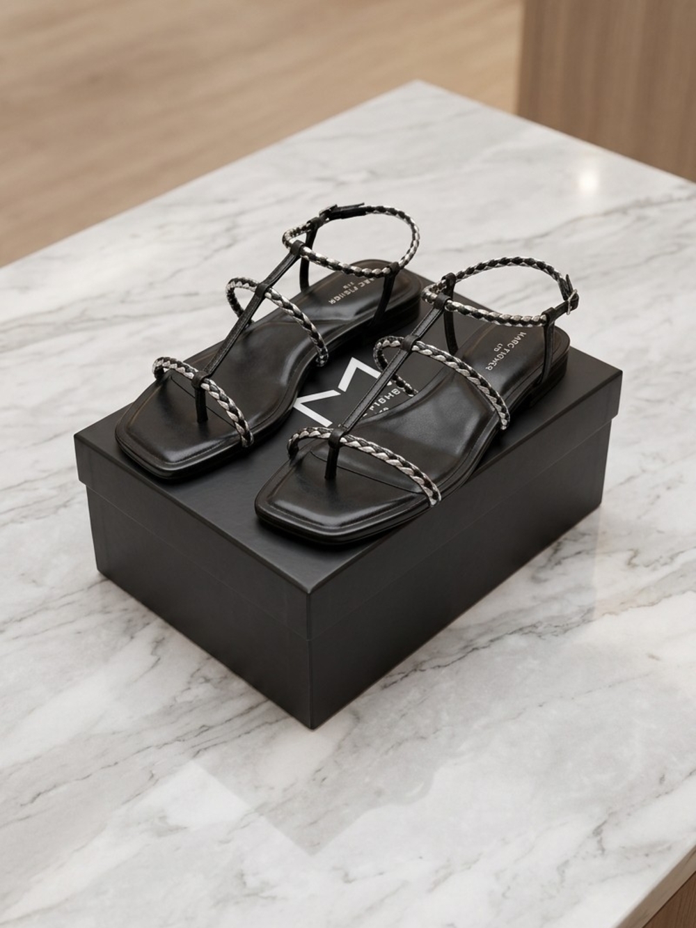 Marc Fisher Black Braided-Trim Square Toe Sandals